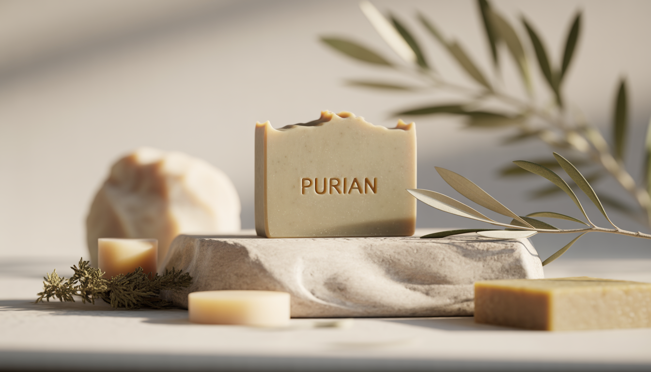 Purian natural soap on minimalist background